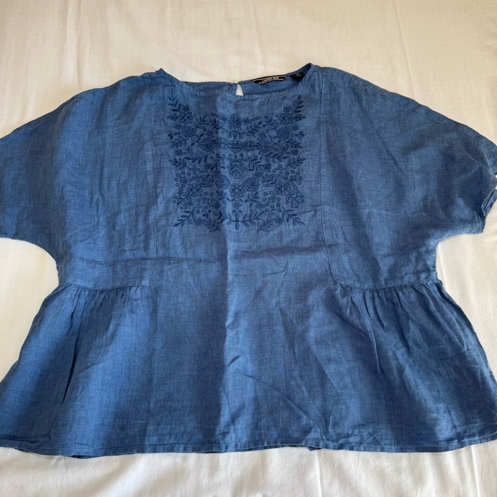 Lands End Women Size 16 Embroidered 100% Linen Blouse Peplum Top Cottage Core - Picture 2 of 10